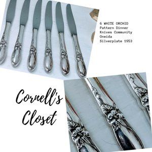 6 WHITE ORCHID Pattern Dinner Knives Community Oneida Silverplate 1953